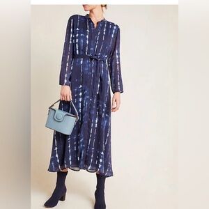 NWT Anthropologie Cloth & Stone  Tie Dye Long Sleeve Button Shirt Dress Blue XS